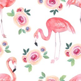 watercolor seamless pattern. floral print with flamingo and roses