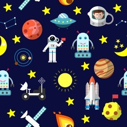 seamless pattern with space shuttle, rockets, comet, astronaut, stars and moon,jupiter, mars, robot and solar system.
