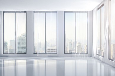 3d interior room with big windows