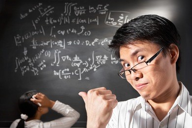 male student pose  with female student trying to solve the equation on background