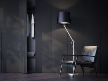 modern wardrobe room with black leather chair and lamp. 3d rendering