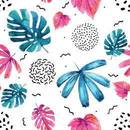 watercolor decorative exotic leaves background. water color tropical floral painting in 80s 90s style seamless pattern. hand painted colorful natural illustration for modern design