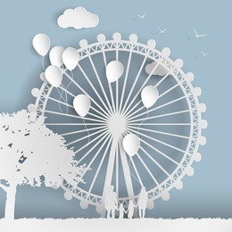 paper art style an amusement park with a family, a ferris wheel and balloons paper cut style.