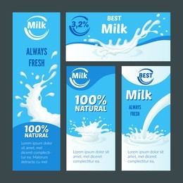 cartoon natural milk brochures with liquid splashes and drops for packaging design vector illustration