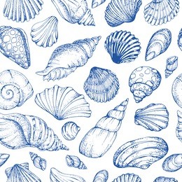 seamless vector pattern with blue sea shells. hand drawn vintage sketch elements of engraving. nautical background. can use for pack, paper, wallpaper.