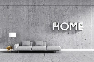 3d rendering : room minimalist interior light and shadow with gray fabric long sofa at front of cement concrete wall and floor. minimalism loft style wall background. design your home concept