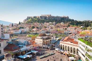 skyline of athens with moanstiraki square and acropolis hill, athens greece