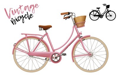 city bicycle. vintage style in pink. set includes lettering and silhouette shape. isolated vector illustration. 