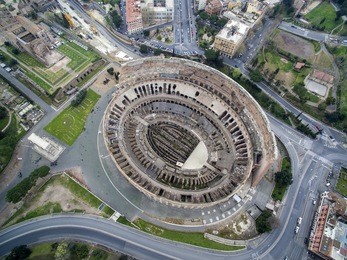 aerial shot of the colosseum in rome, italy