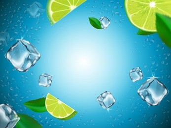 flying lemons, ice cubes and water drop elements, light blue glass background, 3d illustration 