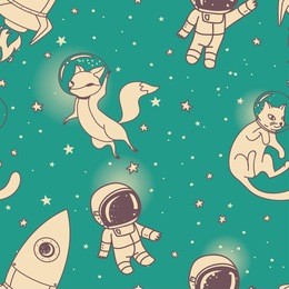 cosmic seamless pattern, cute doodle boys, rockets, foxes and cats floating in space, vector illustration
