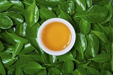 asian tea set on bamboo mat,closeup.