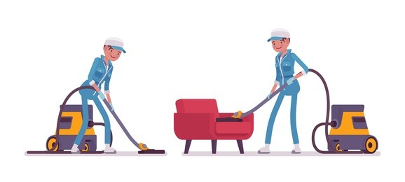 set of female professional busy janitor vacuum cleaning indoors, floor and sofa office cleaning, young and happy, wearing blue overall, cap, protective gloves, isolated on white background