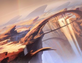 digital illustration of various scenes of arch canyon in landscape view environment