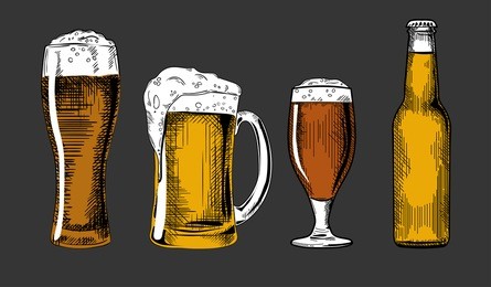 beer glasses and bottle. vector vintage illustration isolated on grey background. ink hand drawn style