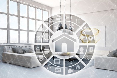 smart home intelligent control interface technology in living room (3d rendering)