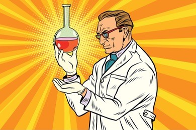 scientist chemist analyzes laboratory flask. pop art retro comic book vector illustration