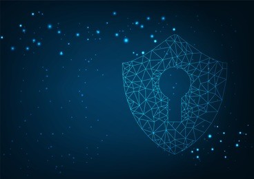 cyber security concept: shield with keyhole icon on digital data background. illustrates cyber data security or information privacy idea. blue abstract hi speed internet technology.