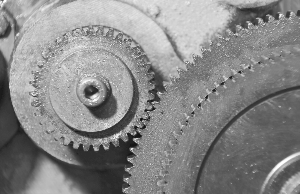 gears. black-and-white photo.