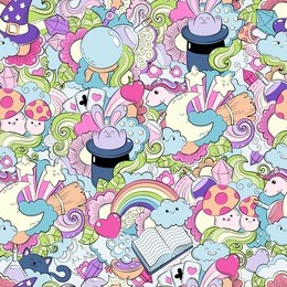 seamless pattern with hand drawn ?at, potion, magic, tricks, cards, hat, cloud, heart, stars. template for packaging, postcards, web design. printing on textiles. bright colorful cartoon background