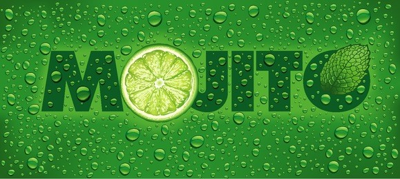 mojito name with lime slice, mint leaf and many water drops