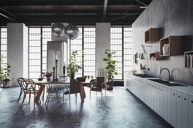 spacious kitchen with table, chairs, plants and large windows. 3d rendering.