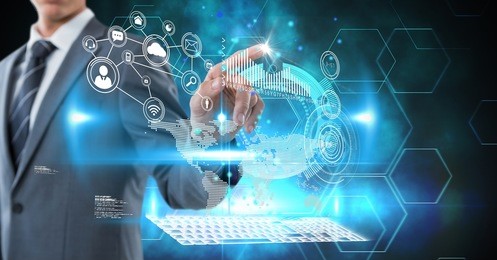 digital composite of digital composite image of businessman touching screen