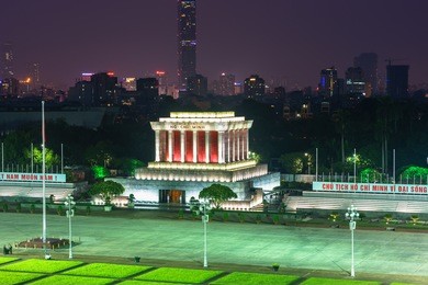 ho chi minh mausoleum aerial view in hanoi city at night