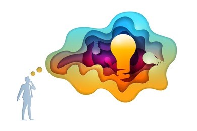 business concept illustration. businessman is thinking about new bright and different ideas. paper art style vector illustration. elements are layered separately in vector file. 