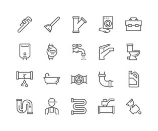 simple set of plumber related vector line icons. 
contains such icons as leaking washing machine, water heater, tool box and more.
editable stroke. 48x48 pixel perfect.