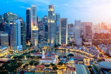 business district modern building at dusk, singapore city skyline