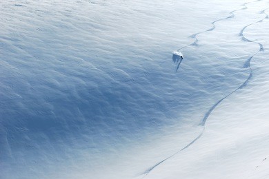 backcountry skier riding down the huge snowfield splashing powder snow.
