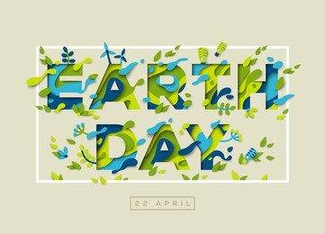happy earth day typography design with abstract leaves, papercut shapes and ecology icons. vector illustration. colorful environment elements thin square frame.