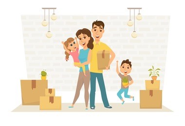 family in new home with cardboard boxes. people moving house. mortgage loading real estate property with loan. buying or or rental room. happy couple and their children