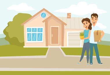 couple standing outside new home. people moving house. mortgage loading real estate property with loan. buying or or rental room. happy hugging man and woman