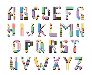 pop art geometric letters. hand drawn abstarct alphabet. colorful funny font in retro memphis style. 80s - 90s abc