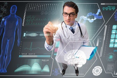 doctor in futuristic medical concept pressing button