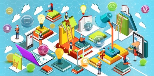 online education isometric flat design. the concept of reading books in the library and in the classroom. concept of education. learning process. university studies. vector illustration