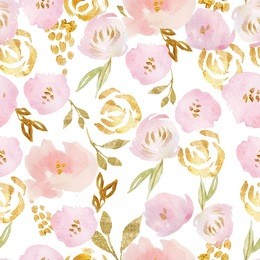 watercolor rose and glitter flower seamless pattern