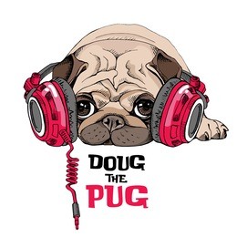 pug puppy in a bright red headphones. vector illustration.