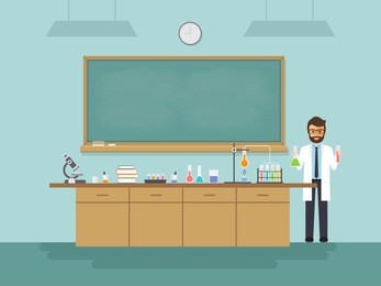 science teacher, scientist professor standing with chalkboard teaching student in laboratory classroom at school, college or university. vector illustration of flat design people cartoon character.
