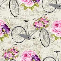 seamless floral pattern with pink roses and gray bicycle. vector illustration.