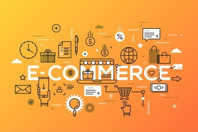 e-commerce, online shopping and retail, electronic shops, internet of things concept. creative infographic banner with elements in thin line style. vector illustration for advertisement, website.