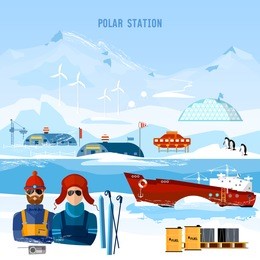 travel to antarctica concept. scientific station on north pole. fauna of antarctic, polar bear, penguins. ice breaker and polar explorers. arctic and antarctic tourism