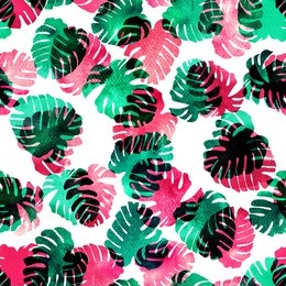 watercolor seamless tropical pattern with monstera palm leaves. exotic hawaiian textile botanical design