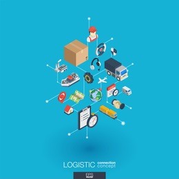 logistic integrated 3d web icons. digital network isometric interact concept. connected graphic design dot and line system. abstract background for shipping delivery and distribution. vector infograph
