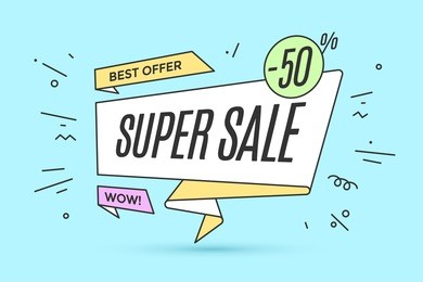 ribbon banner with text super sale for discount and promotion. colorful realistic sticker, banner for sale, shopping, market, business theme. design elements for flyer, poster. vector illustration
