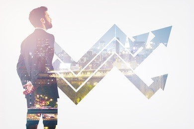 back view of thoughtful young man on abstract city background with upward arrows. growth concept. double exposure