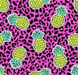 cute seamless summer pattern with pineapple patches  on pink leopard  background 80s 90s style.animal print..vector
