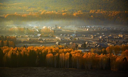 hemu village on kanas nature reserve, autumn scene ,xinjiang, china .